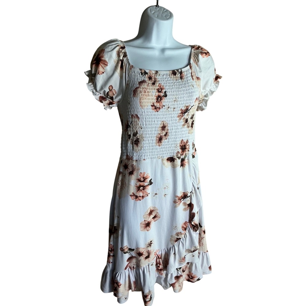 Faded Rose Floral Smocked Mini Dress Puff Sleeve Ruffle Hem White‎ Small